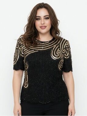 CARINA | Vintage Formal Beaded Top Black & Gold Women’s Size Large
